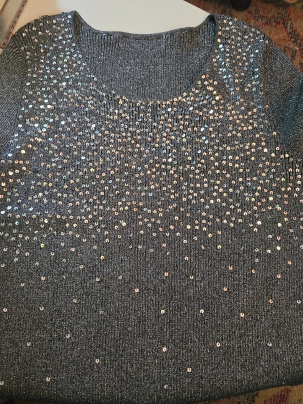Soft Sequin Long Sleeve Top in Charcoal Black, Like New